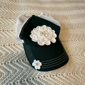 Upcycled Green and White Trucker Hat with Hand Crochet Flowers